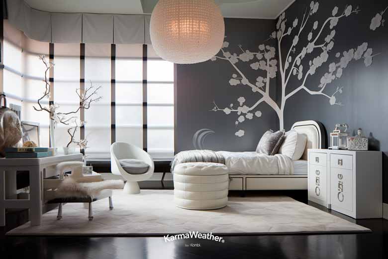 Decoration of a Feng Shui child's room in white, silver gray