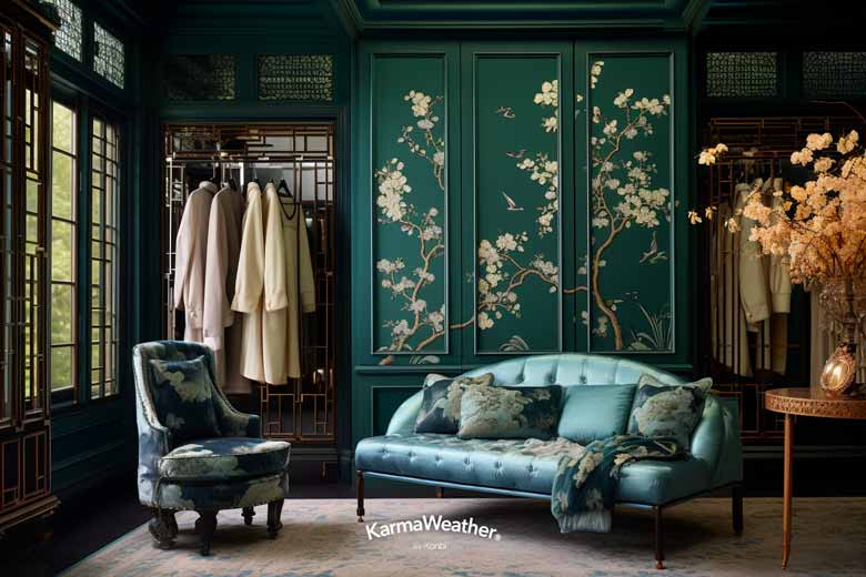 Décoration d'un dressing Feng Shui en vert et bleu