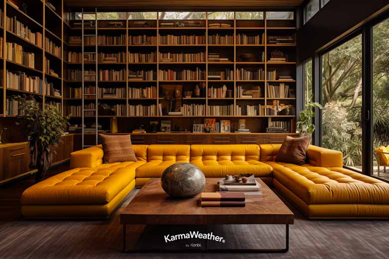 Décoration d'une bibliothèque Feng Shui en ocre jaune, marron clair