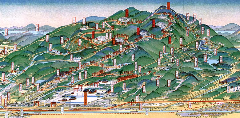 京都の伏見稲荷大社の地図、吉田 初三郎